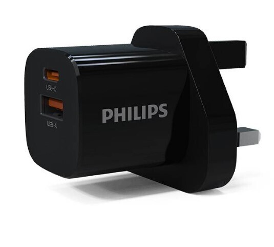 Philips Ultra Fast Wall Charger With USB-C Port 33W Fast Charge 3 Pin Adapter Type C Power Delivery PD for IP Samsung DLP4533, Color: Black