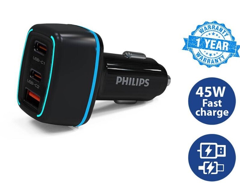 Philips Ultra Fast 3-Port USB C Car Charger Type C 65W QC3.0