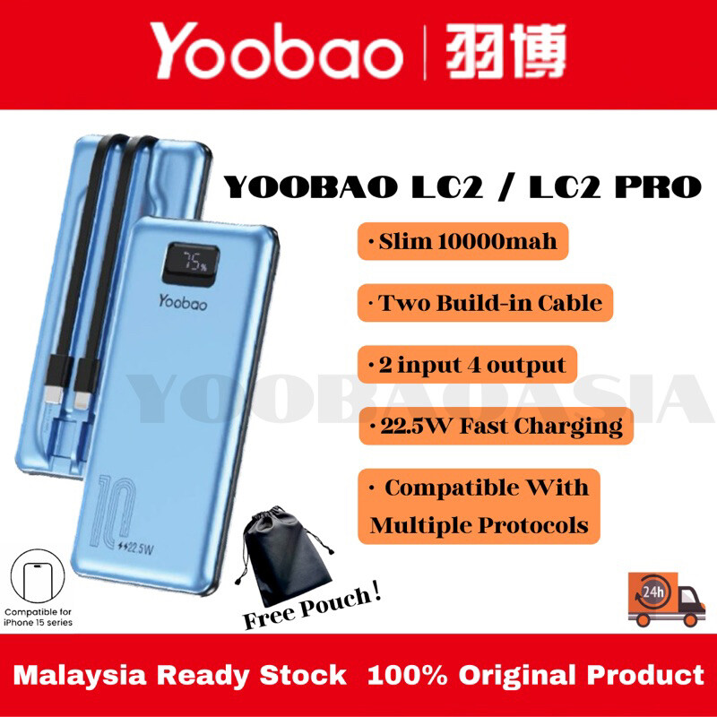 Yoobao LC2 Pro 22.5W Powerbank 10000mAh Original Fast Charging Built-In 2 Cables Power Bank Original Ultra Slim
