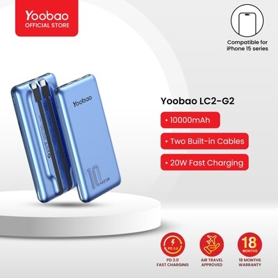 Yoobao LC2-G2 10000mAh PD20W/QC 3.0 Fast Charging Power Bank Built in Cables (Lightning &amp; Type C)