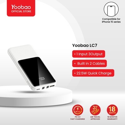 Yoobao LC7 10000mah Built-in Cable Digital Display Charging Bank Outdoor Emergency Fast Charge Power Bank - White