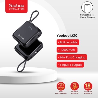 Yoobao  LK10 10000mAh Mini Fast Charging Powerbank Built in Cables (Lightning &amp; Type C)