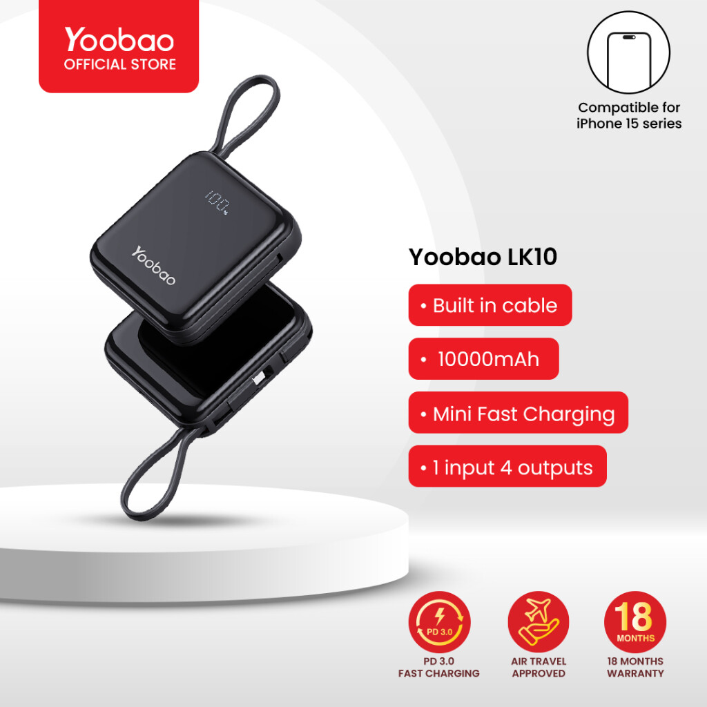 Yoobao  LK10 10000mAh Mini Fast Charging Powerbank Built in Cables (Lightning &amp; Type C), Color: Black
