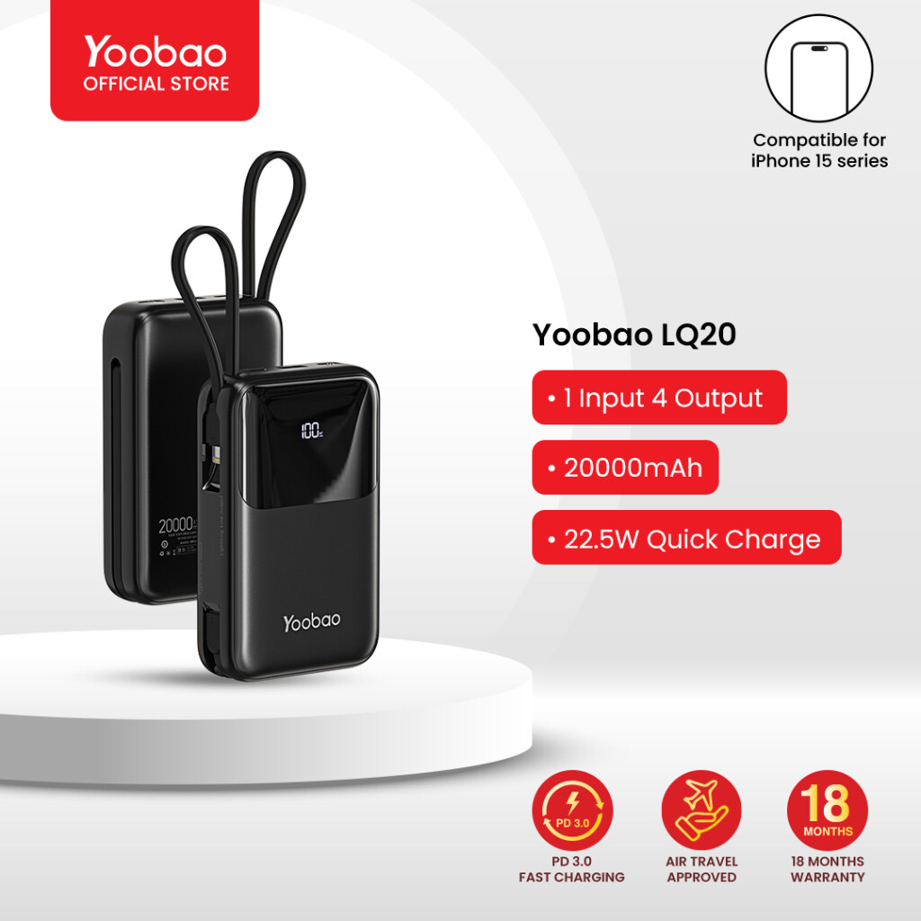 Yoobao LQ20 20000mAh Fast Charge Digital Display PowerBank With Cables, Color: Black