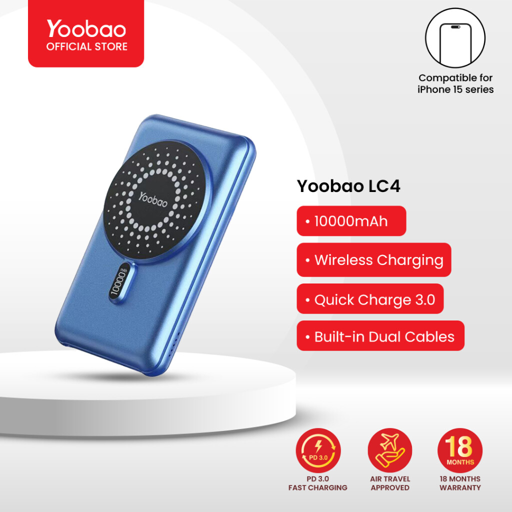 Yoobao LC4 10000mAh Convenient Wireless Fast Charging with Built-in Cable Power Bank (Type-C &amp; Lightning)
