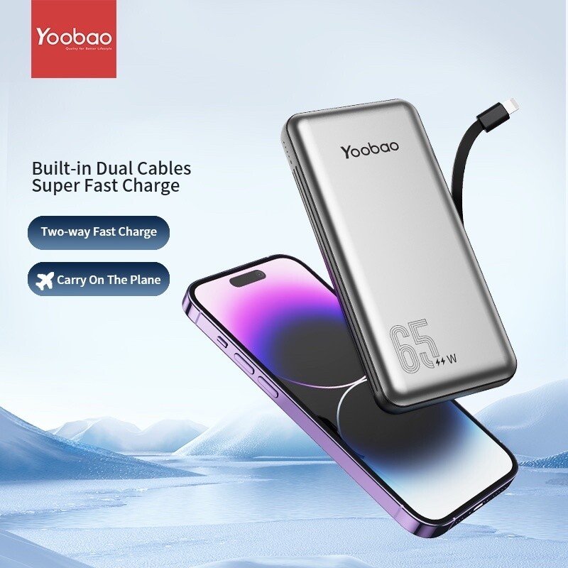 Yoobao LC6 20000mah 65W / 22.5W SuperFast Charge Power Bank With Type-C + Lightning Build-in Cable Grey