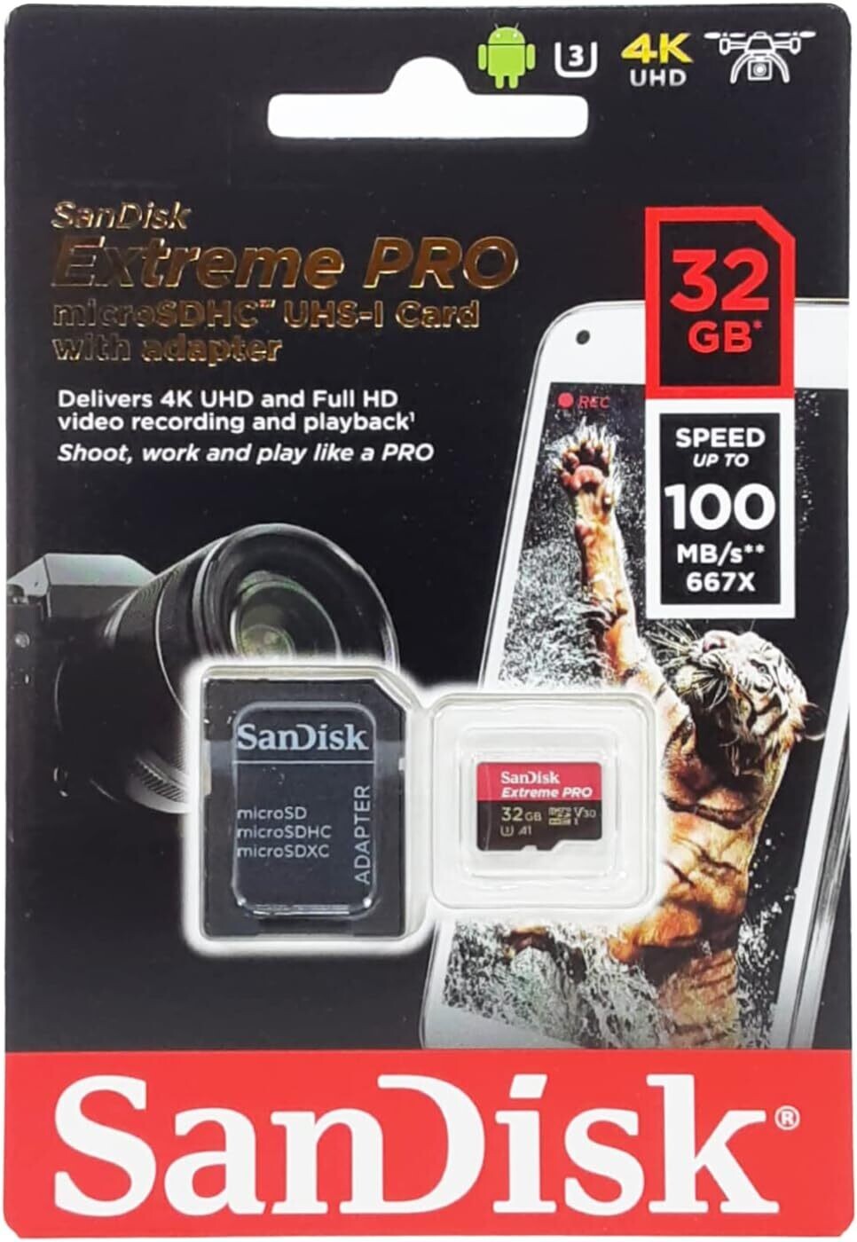 SanDisk Extreme Pro 32 GB microSDHC Memory Card + SD Adapter with A1 App Performance + Rescue Pro Deluxe 100 MB/s Class 10, UHS-I, U3, V30 SDSQXCG-032G-GN6MA, Red/Gold