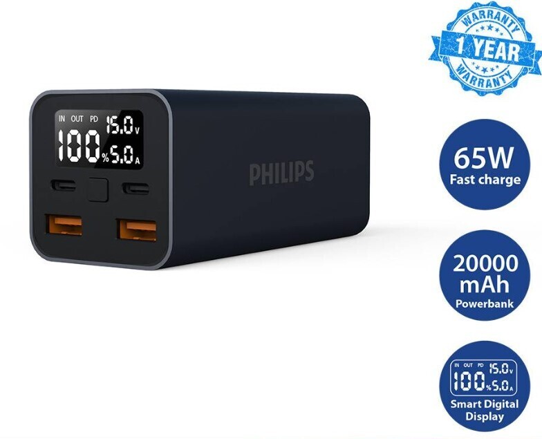 Philips 65W Powerbank 20000mAh Fast Charge With smart Digital Display DLP5721BK