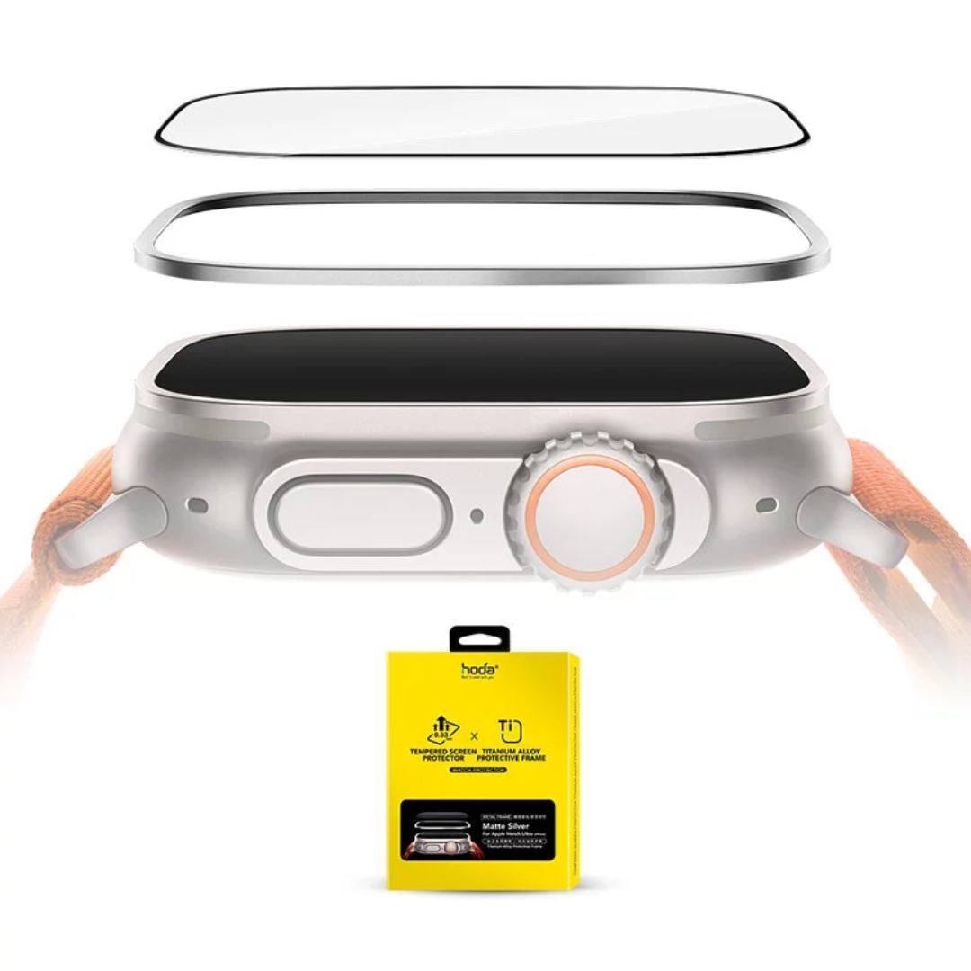 Hoda Clear Tempered Glass Watch Protector-Titanium Alloy Protective Frame For Apple Watch  Ultra 1/2 49mm - Matte Silver