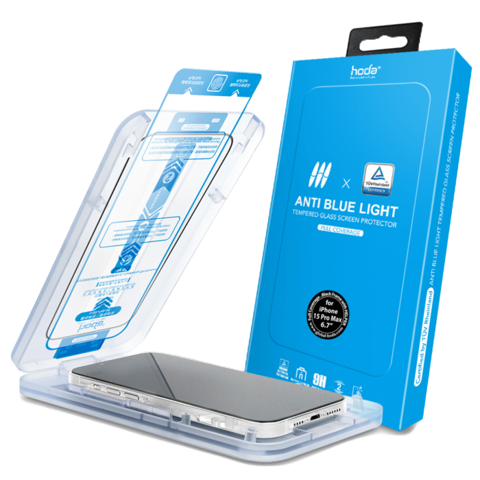Hoda iPhone 15 Series (Blue Light) TÜV RPF20 Certified Eye Protection Full Coverage Tempered Glass Screen Protector - With Dust-Free Helper