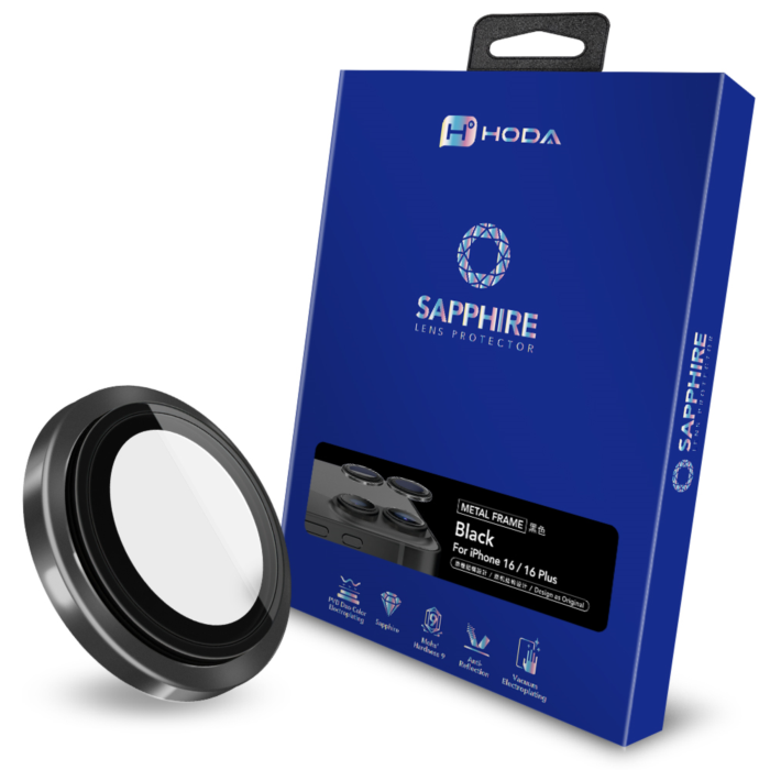Hoda Sapphire Lens Protector With Helper for iPhone 16 /16 Plus (2 Lens), Color: Black