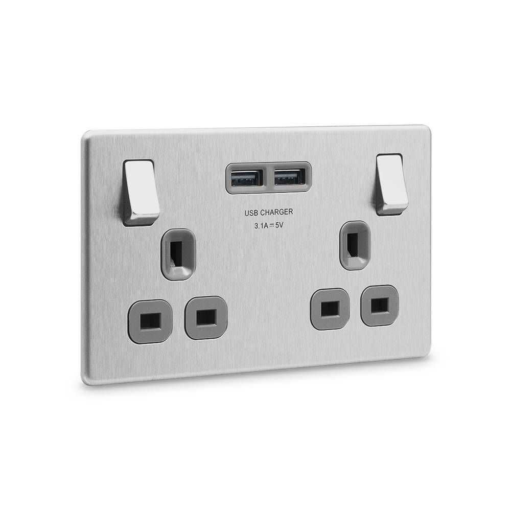 British General 2 Gang Switched Wall Power Socket Outlet Screwless Flatplate with 2 USB 3.1A FBS22U3G
