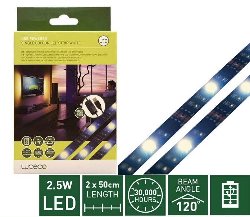 Luceco USB Powered Single Colour LED Strip White 3000K Warm White 2 x 50cm LUSB5030-01