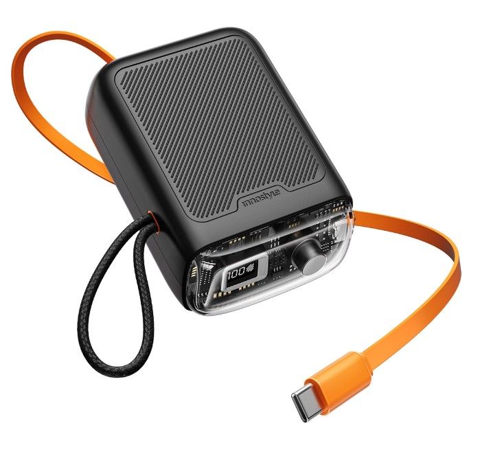 Innostyle TransiMini FlexCharge Retractable 30W 10000mAh 60cm USB-C Power Bank with Cable, Color: Black