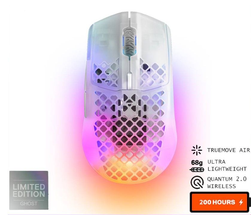 SteelSeries Aerox 3 Wireless + Bluetooth Ghost Edition Ultra Lightweight RGB Gaming Mouse IP54 Honeycomb Mice 62610