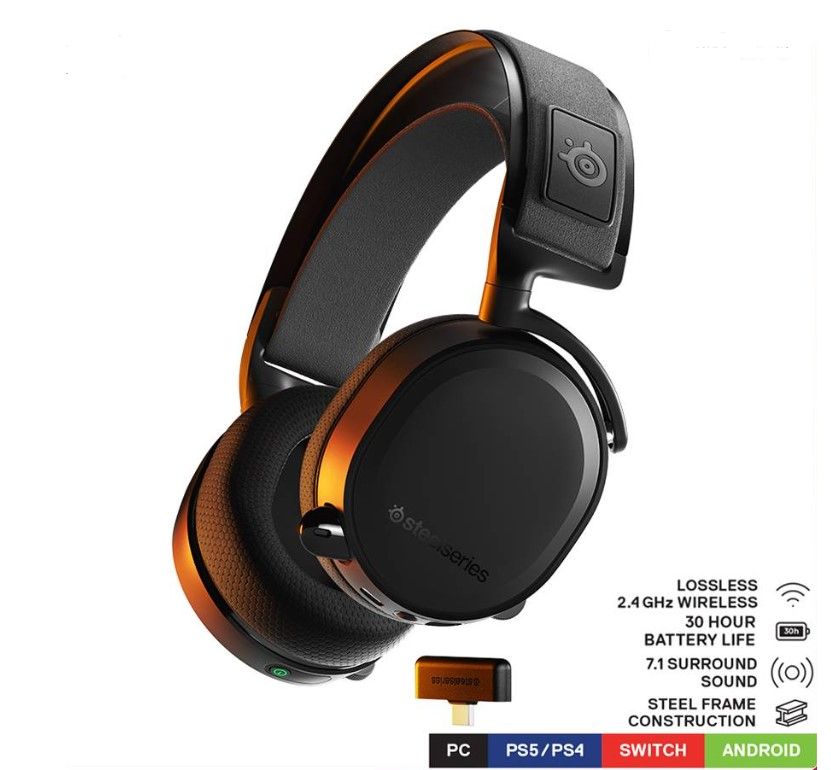 SteelSeries Arctis 7+ Wireless 7.1 Sonar Gaming Headset 2.4GHz USB-C Wireless Surround Sound Headphone Black 61470