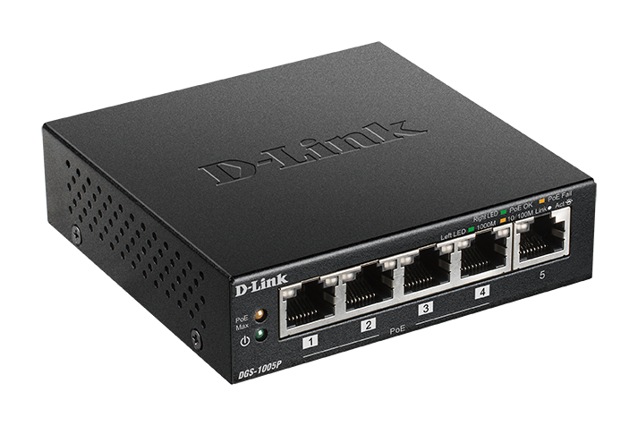D-Link 5‑Port Desktop Gigabit PoE+ Switch DGS‑1005P