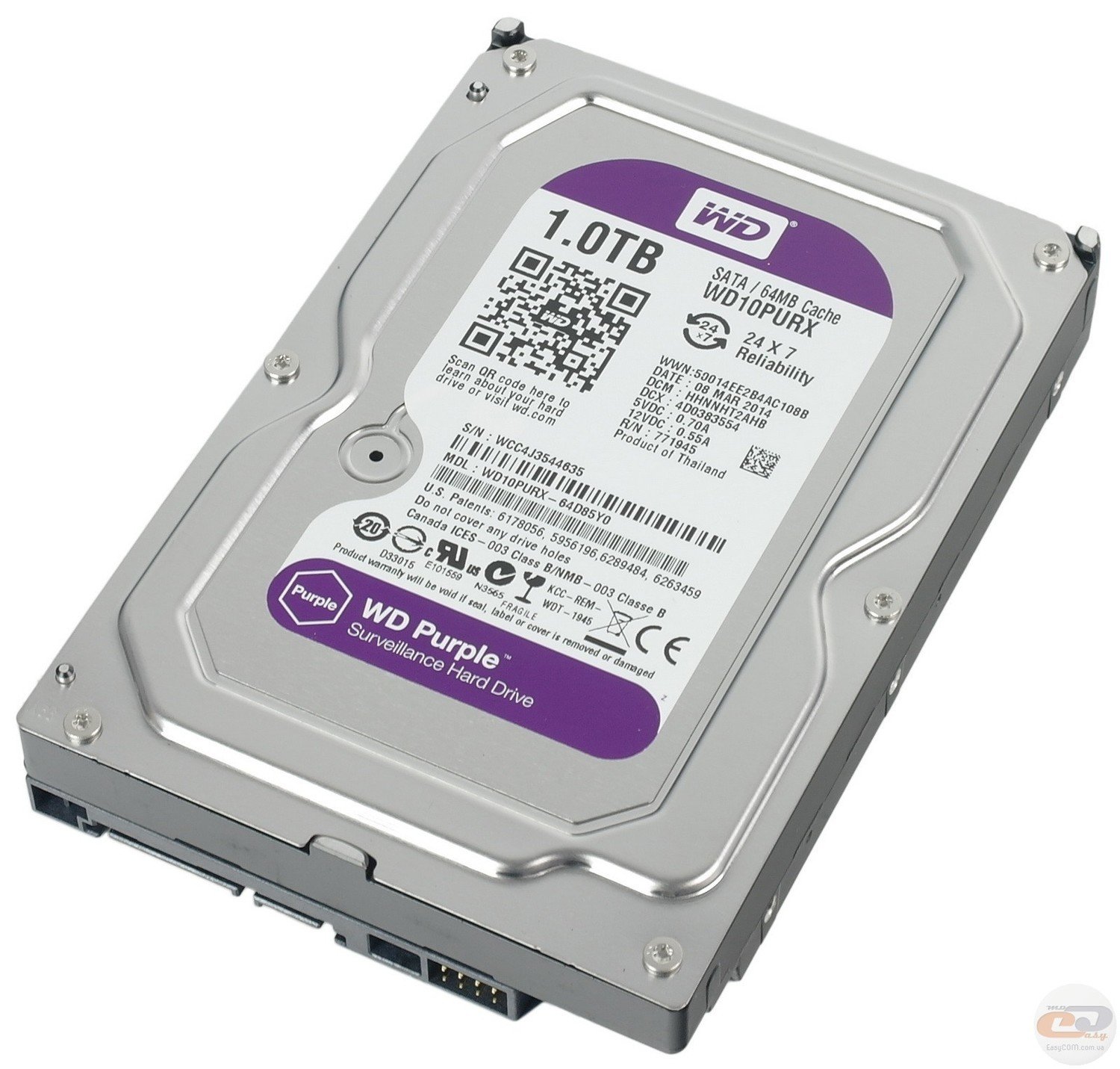 Western Digital 3.5&quot; Purple Surveillance 1TB Internal Hard Drive WD10PURZ, Capacity: 1TB