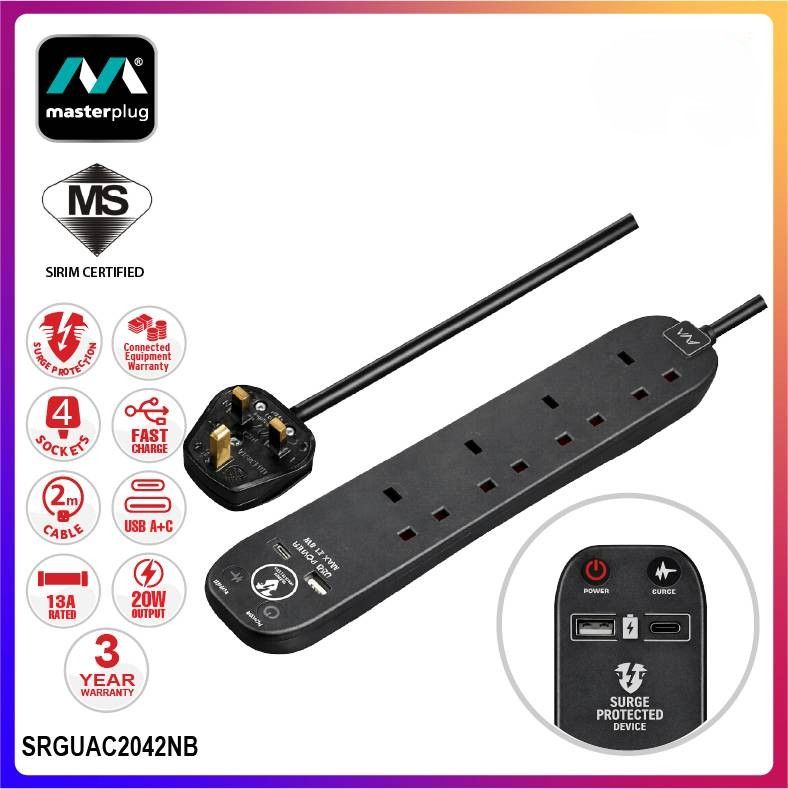 Masterplug 4 Socket 2M Surge Protected Extension Lead with USB-A & USB-C SRGUAC2042NB Masterplug 4 Socket 2M Surge Protected Extension Lead with USB-A & USB-C SRGUAC2042NB