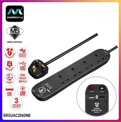 Masterplug 4 Socket 2M Surge Protected Extension Lead with USB-A &amp; USB-C SRGUAC2042NB