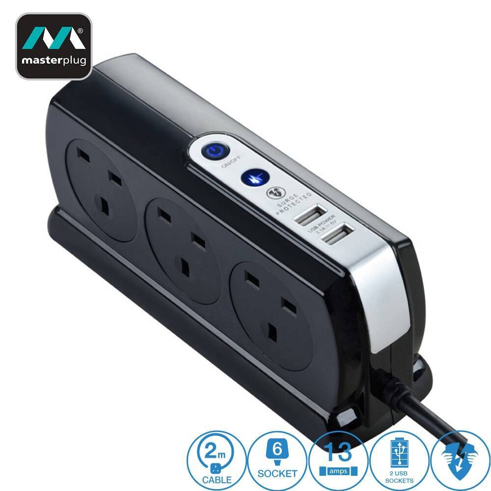 MASTERPLUG 6 GANG 2 USB (3.1A) SWITCH SURGE PROTECTOR 2 METER EXTENSION LEADS GLOSSY BLACK (SRGDSU62PB-MPA)