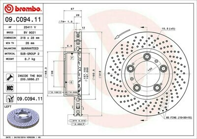 จานเบรกหน้าBREMBO สำหรับ PORSCHE   911 Boxster Cayman / Left (996/997/986/987)