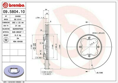 จานเบรกหน้า BREMBO สำหรับ  ROVER  Rover 623 93-99