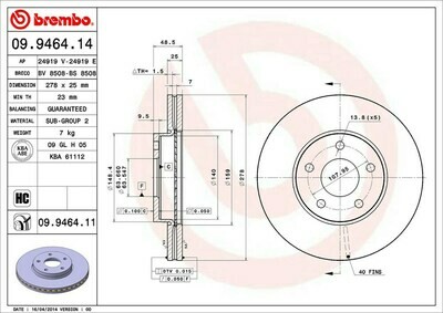 จานเบรกหน้า BREMBO  สำหรับ VOLVO S40 II V50 C30 C70 15" 04->