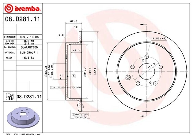 BREMBO จานเบรกหลัง สำหรับ LEXUS  RX270 350 450h ปี08 [2ชิ้น ซ้าย-ขวา]