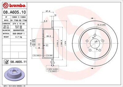BREMBO จานเบรกหลัง สำหรับ SUBARU Legacy BL BP  [2ชิ้น ซ้าย-ขวา]