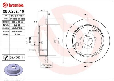 BREMBO จานเบรกหลัง สำหรับ SUBARU Forester SH,Legacy BR,Imp GH 1.5 2.0  [2ชิ้น ซ้าย-ขวา]