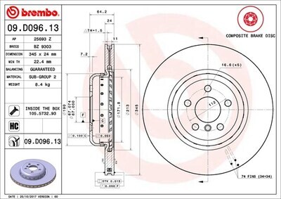 BREMBO จานเบรกหลัง สำหรับ BMW G30 G32 G12 G01 G02 [2ชิ้น ซ้าย-ขวา]