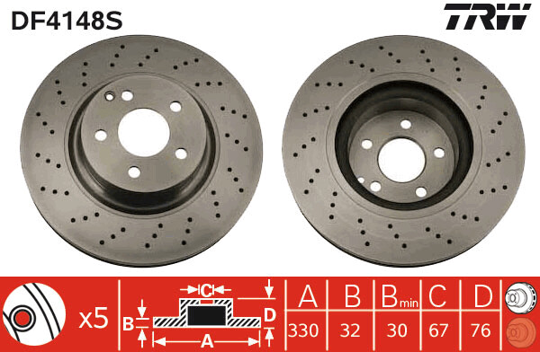 TRW จานเบรกหน้า สำหรับ BENZ W220 S320 CDI, S500 (ตาเหยี่ยว) ปี 00-05  [2ชิ้น ซ้าย-ขวา]