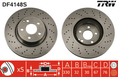 TRW จานเบรกหน้า สำหรับ BENZ W220 S320 CDI, S500 (ตาเหยี่ยว) ปี 00-05  [2ชิ้น ซ้าย-ขวา]