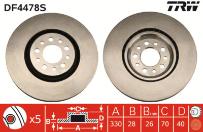 TRW จานเบรกหน้า สำหรับ ALFA SPIDER 2.2 JTS, BRERA 2.2 JTS ปี 07 [2ชิ้น ซ้าย-ขวา]