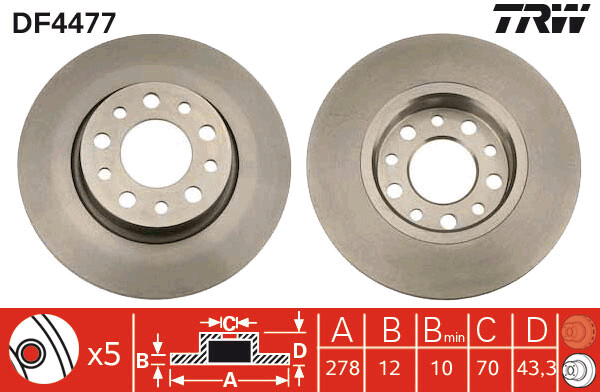 TRW จานเบรกหลัง สำหรับ ALFA SPIDER 2.2 JTS, BRERA 2.2 JTS ปี 07 [2ชิ้น ซ้าย-ขวา]