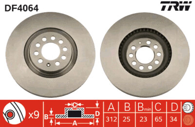 TRW จานเบรกหน้า สำหรับ AUDI TT 1.8 ปี 98-06 [2ชิ้น ซ้าย-ขวา]