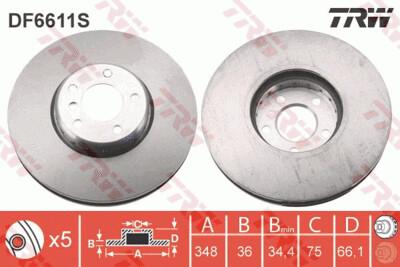 TRW จานเบรกหน้า สำหรับ BMW 5 (F10) 525D, 528i, 530D, 535i 6 (F12,13,06) 640i Coupe 7 (F01 F02) ปี 10  [2ชิ้น ซ้าย-ขวา]