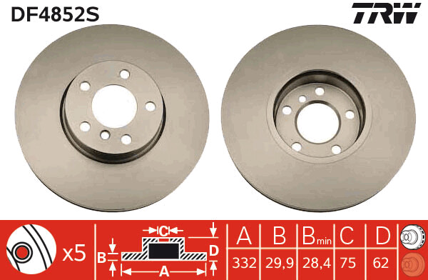 TRW จานเบรกหน้า สำหรับ BMW X5 (E70) xDrive 30d ปี 08,X6 (E71,72) xDrive 30d ปี 10 [2ชิ้น ซ้าย-ขวา]