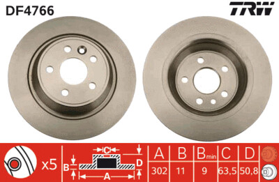 TRW จานเบรกหลัง สำหรับ LAND ROVER  EVOQUE 2.0, 2.2 ปี 11, ​VOLVO S60 II DRIVe B ปี 10 [2ชิ้น ซ้าย-ขวา]