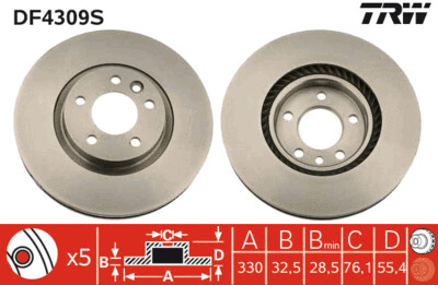 TRW จานเบรกหน้า  สำหรับ VW TRANSPORTER T5 3.2 V6 ปี 03-09 [2ชิ้น ซ้าย-ขวา]