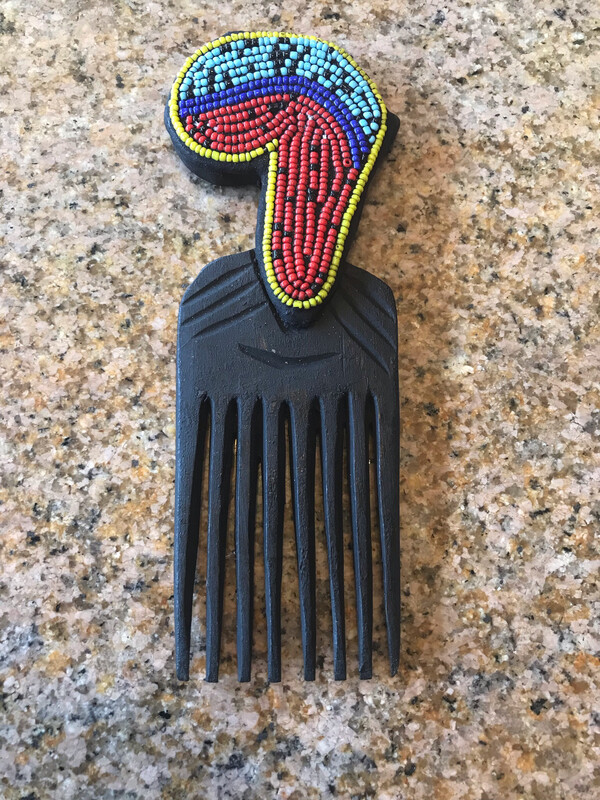 Red/Blue Beaded Africa Ebony Carved Pick