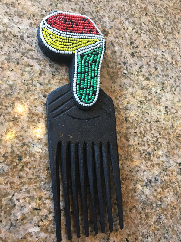 Red/Gold/Green Beaded Africa Ebony Carved Pick