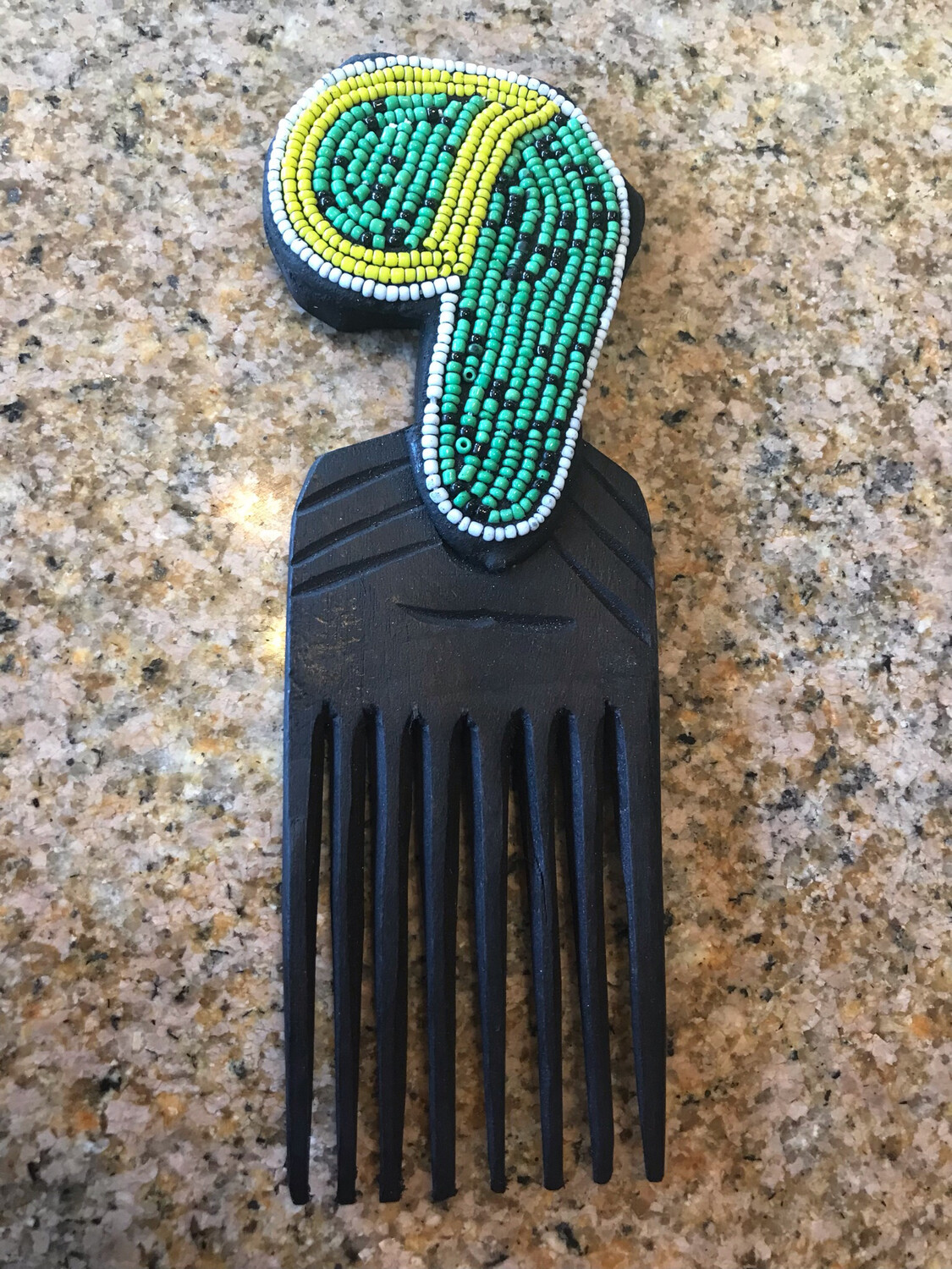 Green/Yellow Beaded Africa Ebony Carved Pick