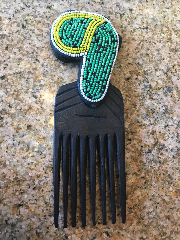 Green/Yellow Beaded Africa Ebony Carved Pick