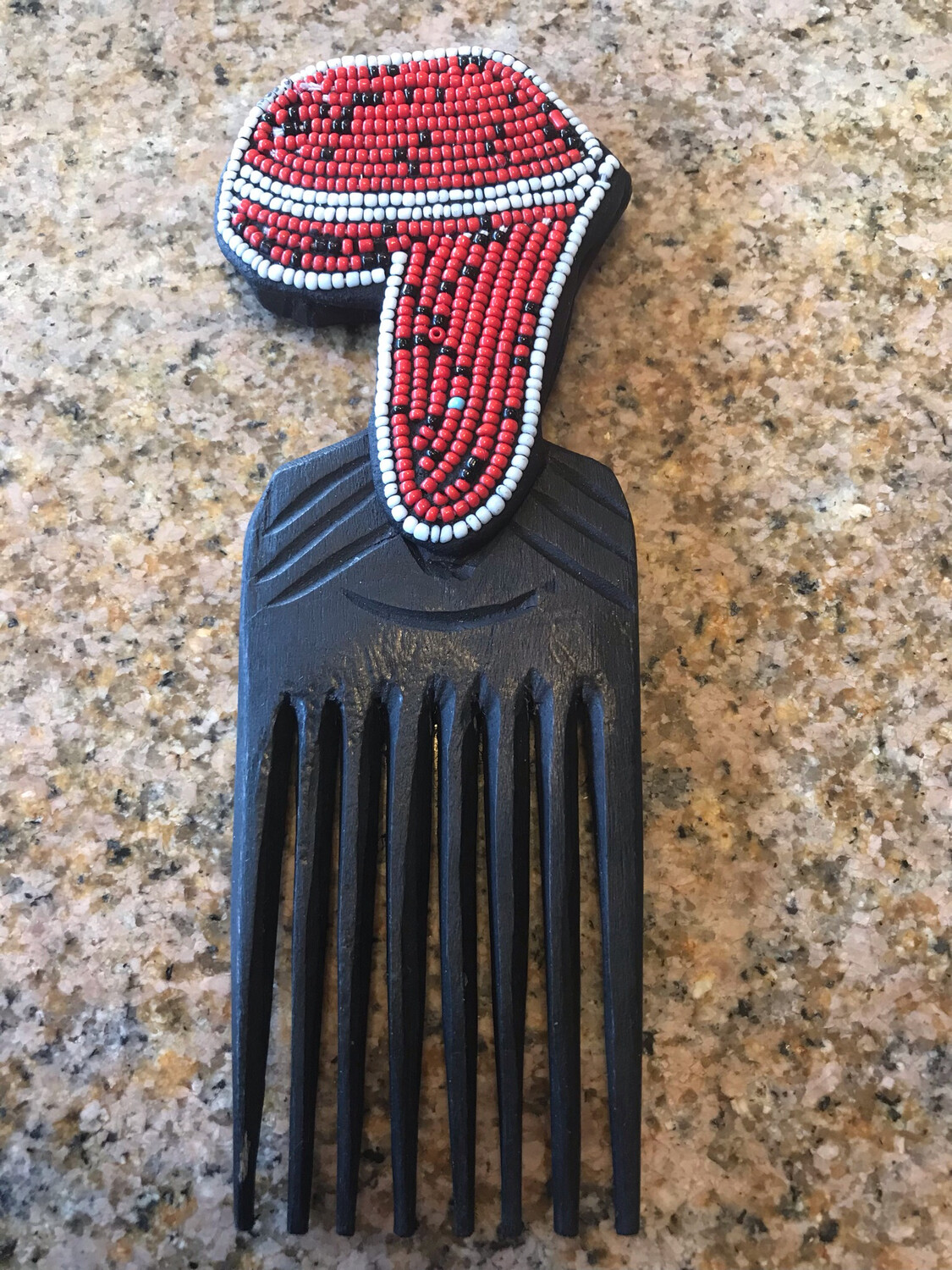 Red/White Beaded Africa Ebony Carved Pick