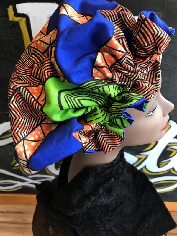 African Print Bonnet Orange/Blue/Green