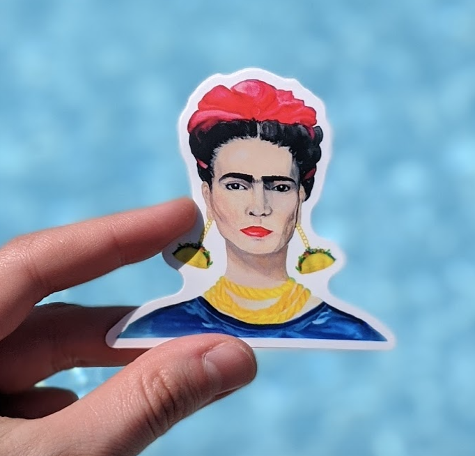 Frida With Taco Earrings - Durable Vinyl Sticker - Watercolor Illustration