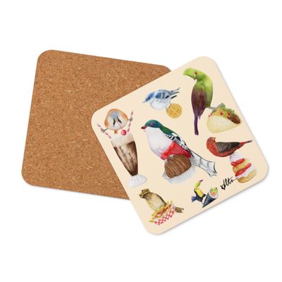 Birds on Snacks - Watercolor Fun Bird Cork-back coaster 