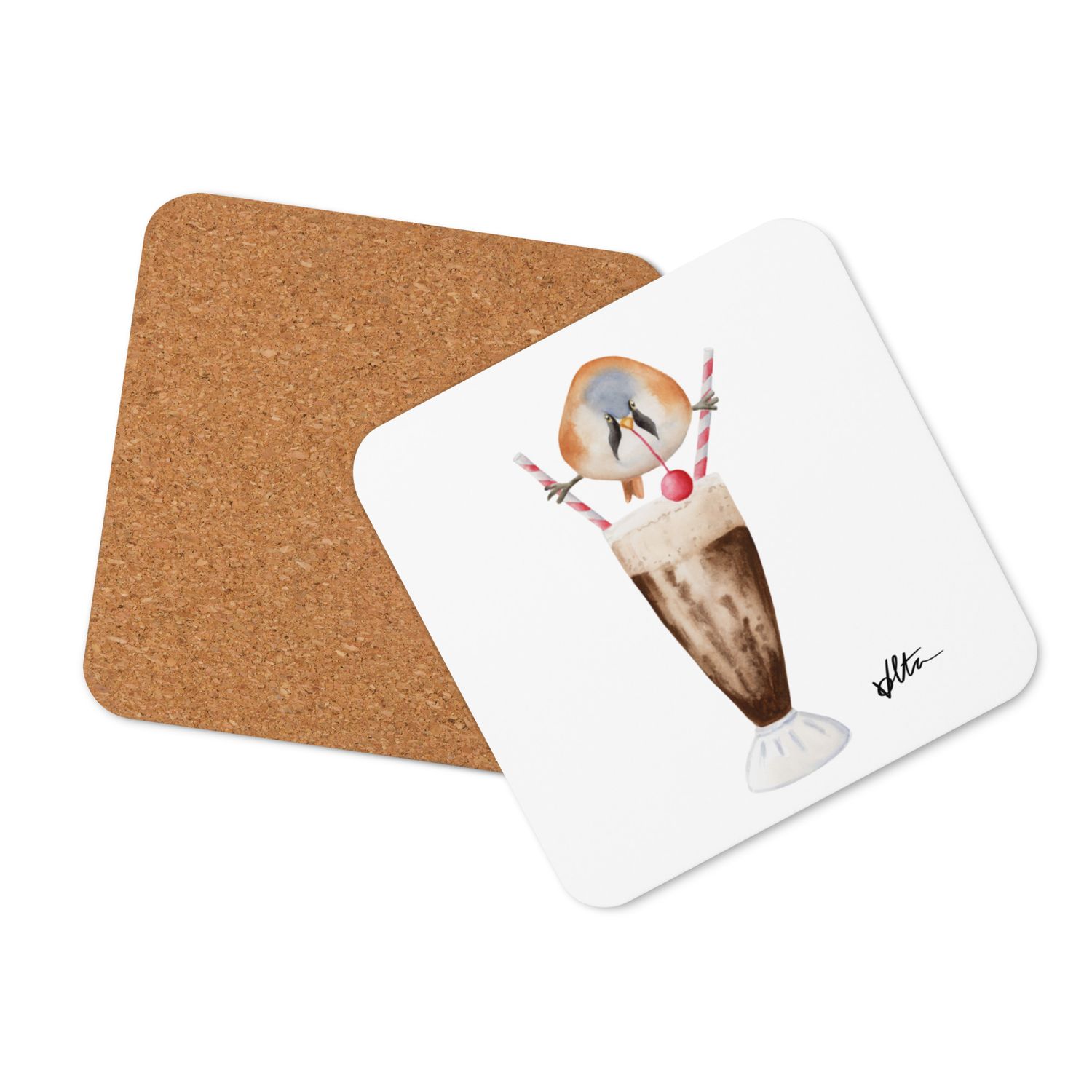 Bearded Reedling on a Rootbeer Float Cork-back coaster : Birds on Snacks Series